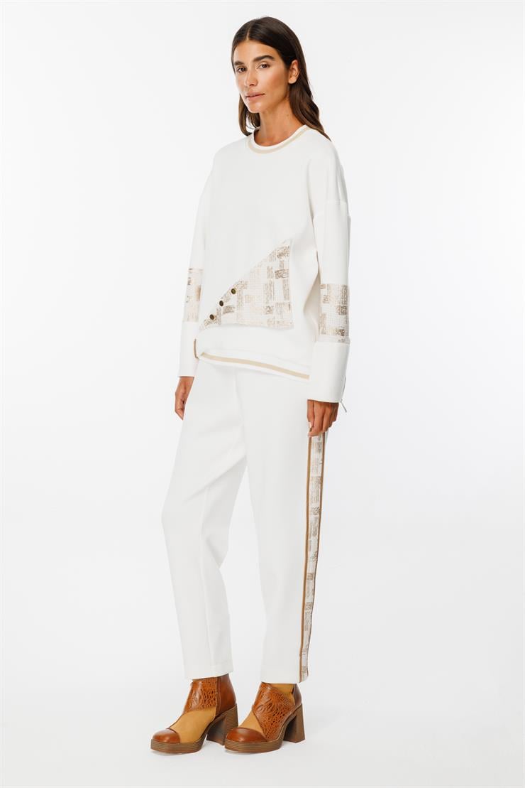 Modailgi  Varak Kumaş Detaylı Ribanalı Kesikli Örme Tunik Ekru