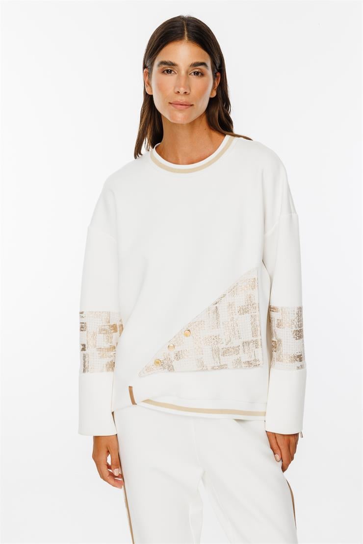 Modailgi  Varak Kumaş Detaylı Ribanalı Kesikli Örme Tunik Ekru