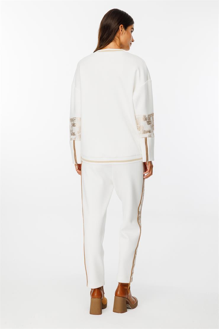 Modailgi  Varak Kumaş Detaylı Ribanalı Kesikli Örme Tunik Ekru