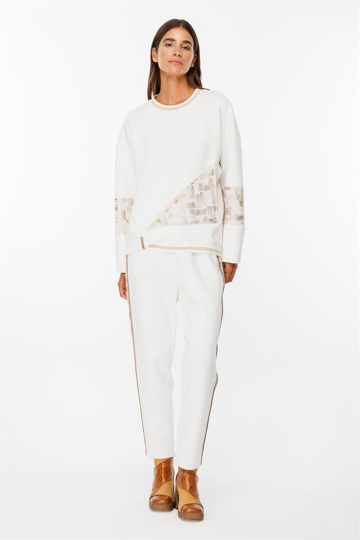 Modailgi  Varak Kumaş Detaylı Ribanalı Kesikli Örme Tunik Ekru