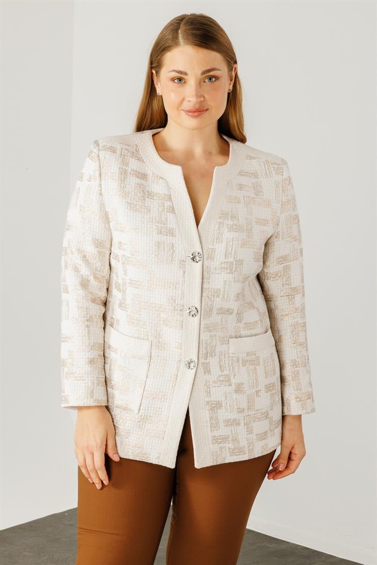 Modailgi  Varak Kumaşlı V Yaka Ceket Ekru