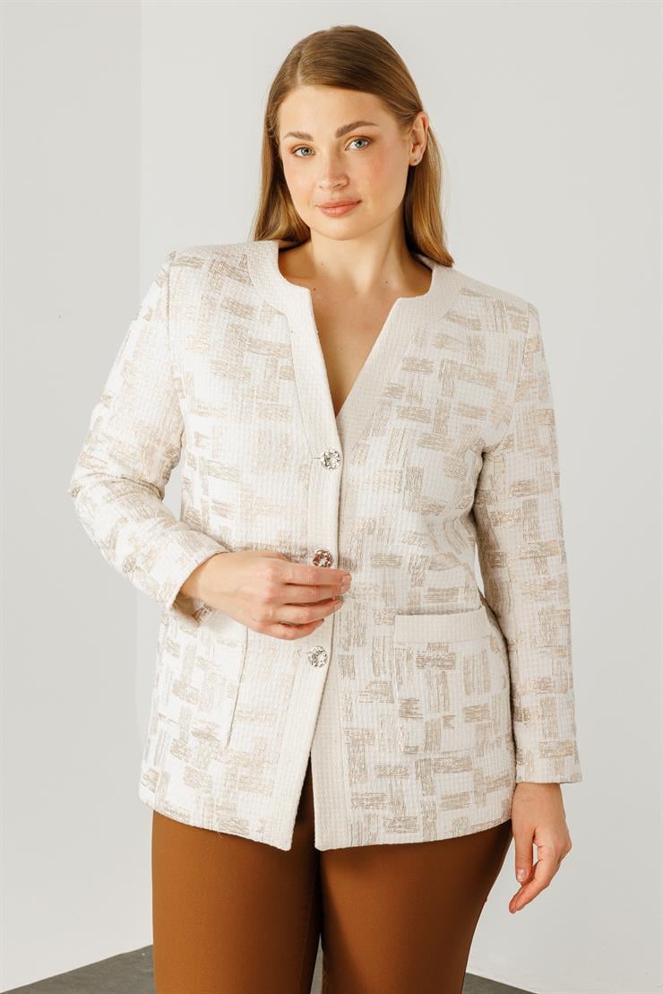 Modailgi  Varak Kumaşlı V Yaka Ceket Ekru