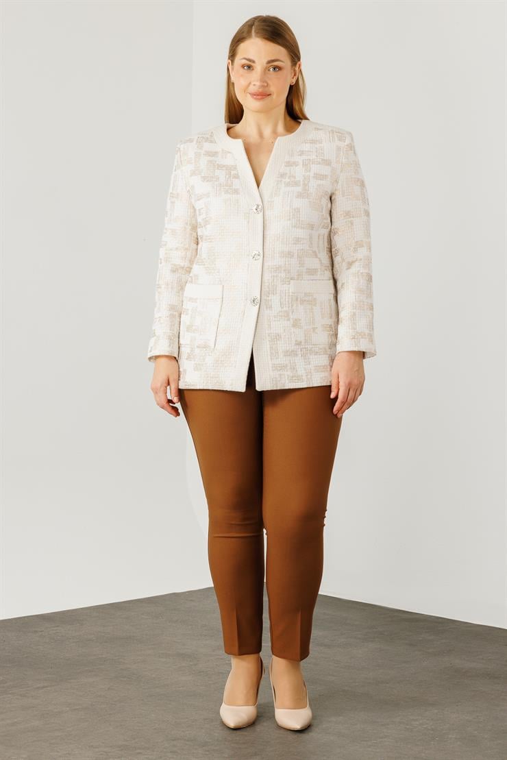 Modailgi  Varak Kumaşlı V Yaka Ceket Ekru