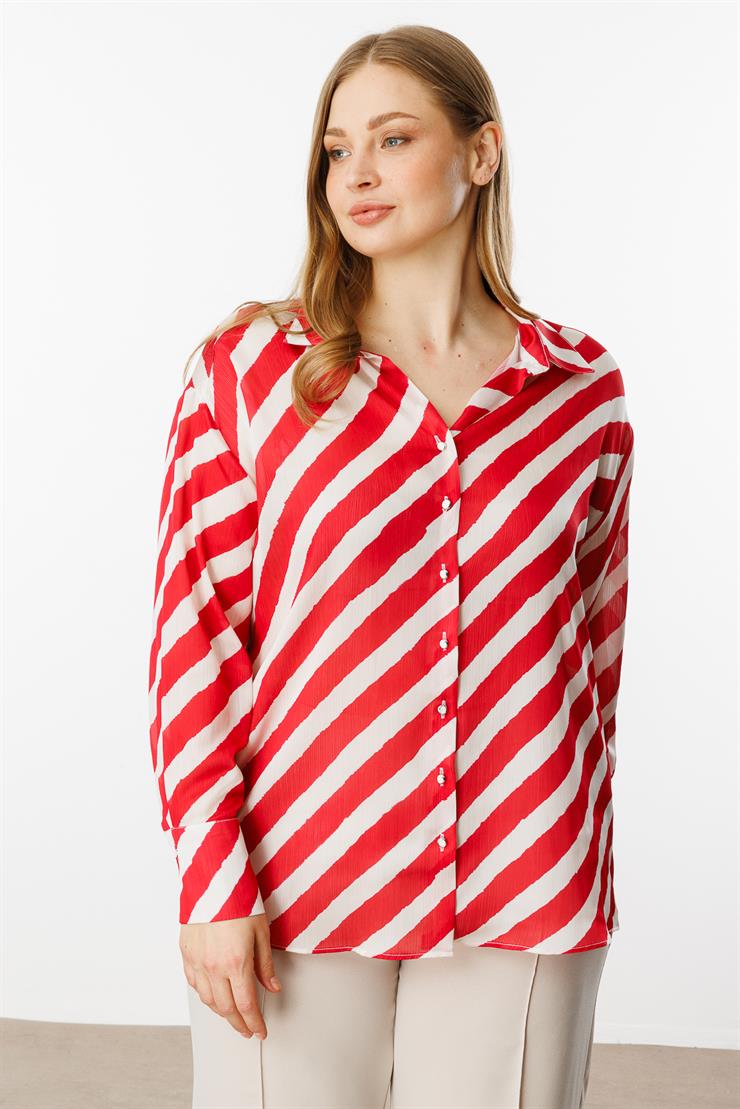 Modailgi  Verevli Klasik Saten Gömlek Kırmızı