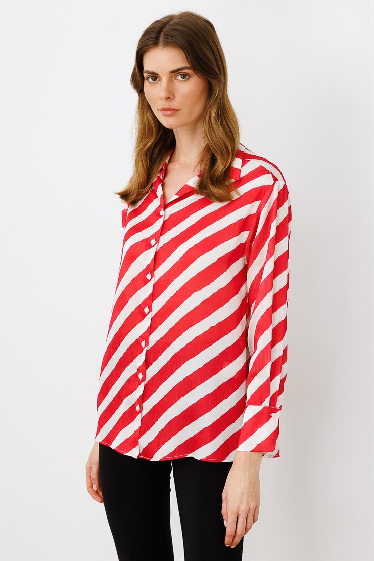 Modailgi  Verevli Klasik Saten Gömlek Kırmızı