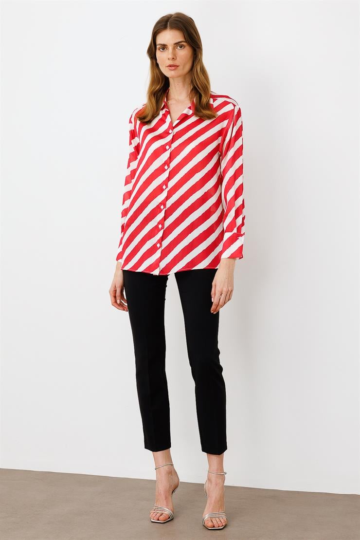 Modailgi  Verevli Klasik Saten Gömlek Kırmızı