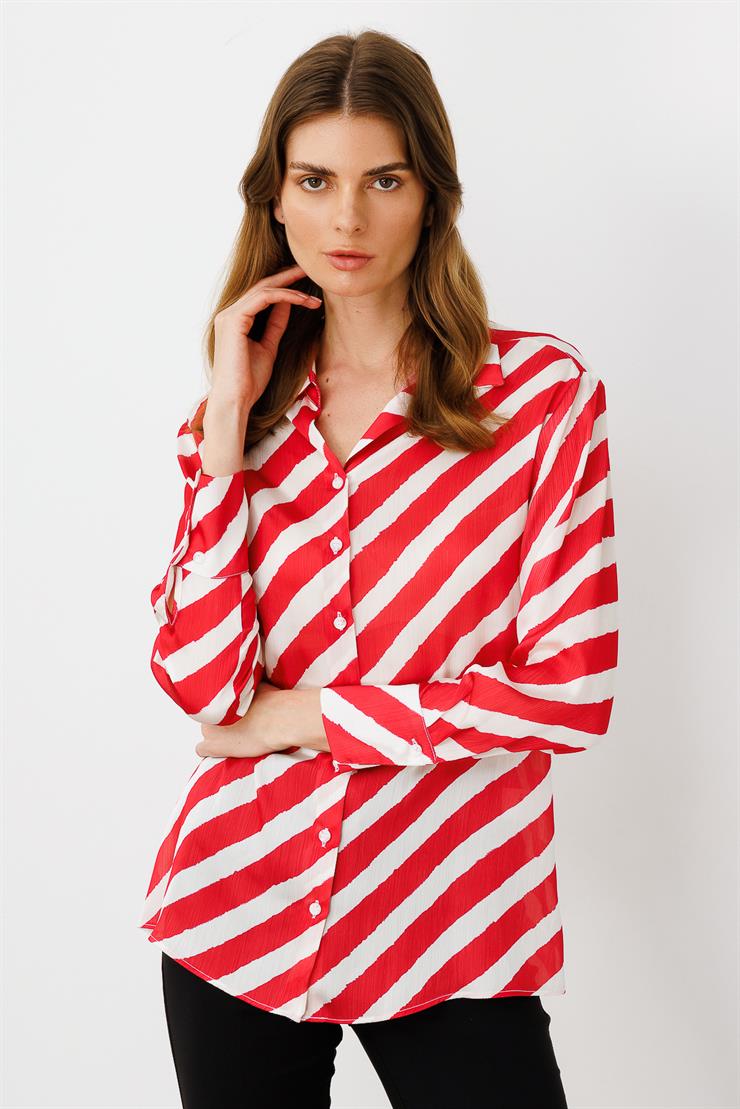 Modailgi  Verevli Klasik Saten Gömlek Kırmızı