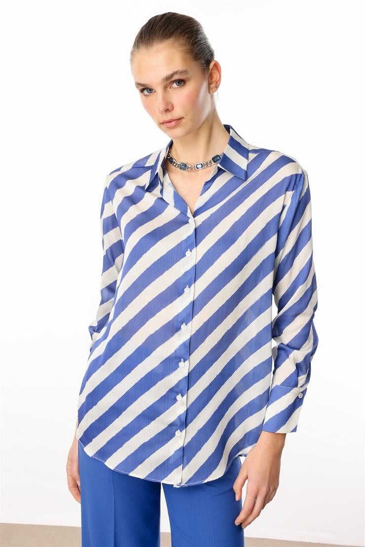 Modailgi  Verevli Klasik Saten Gömlek Saks