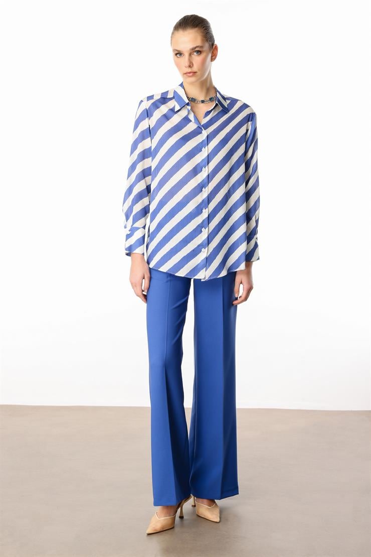 Modailgi  Verevli Klasik Saten Gömlek Saks