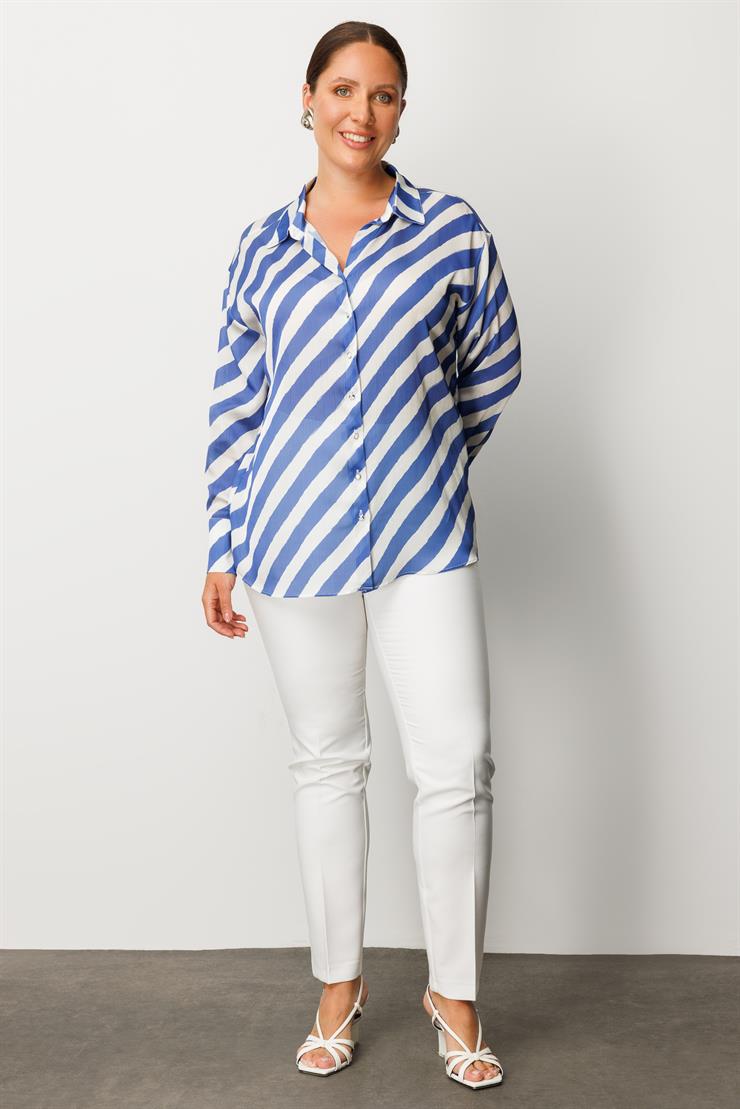 Modailgi  Verevli Klasik Saten Gömlek Saks