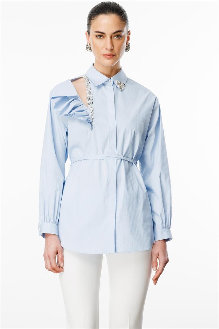 Modailgi  Volan ve Pencere Detaylı İncili Beli Kuşaklı Taşlı Simli Gömlek Mavi