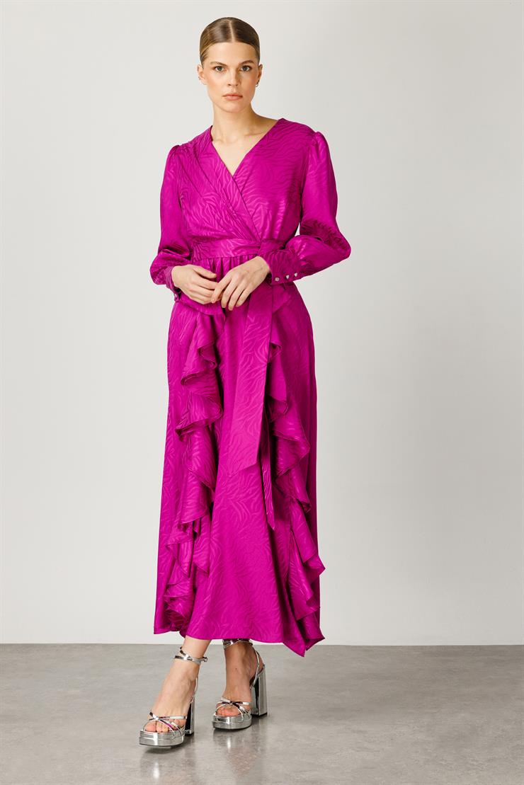 Modailgi  Volanlı Kruvaze Jakar Elbise Fuşya