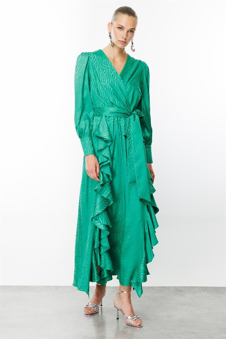 Modailgi  Volanlı Kruvaze Jakar Elbise Yeşil