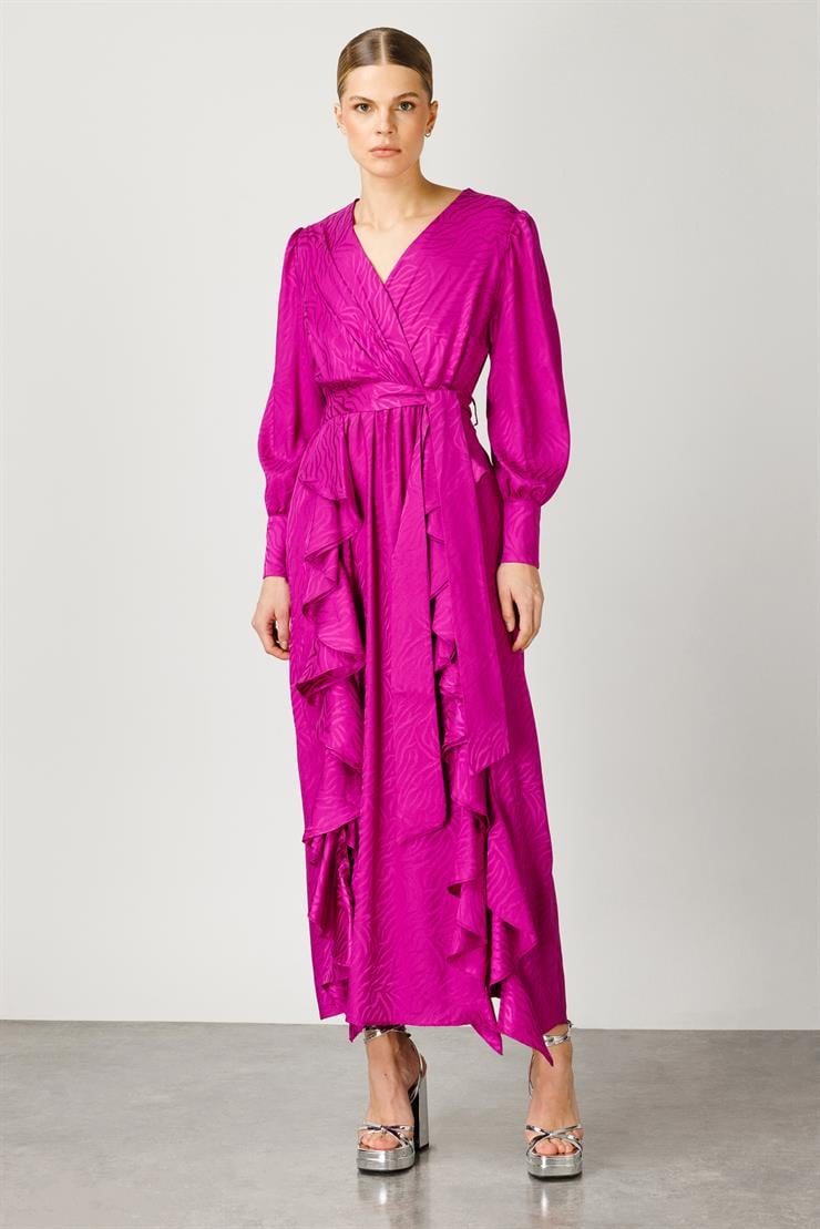 Modailgi  Volanlı Kruvaze Jakar Elbise Fuşya