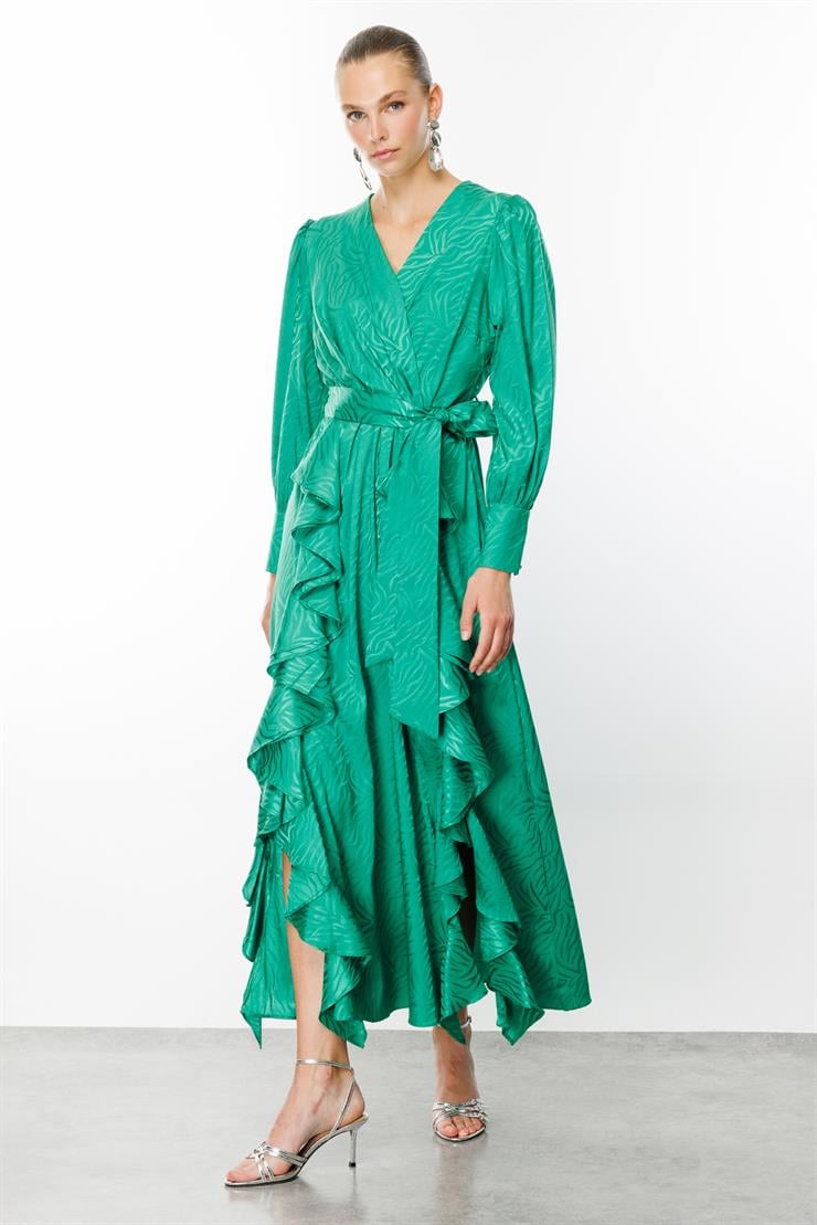 Modailgi  Volanlı Kruvaze Jakar Elbise Yeşil