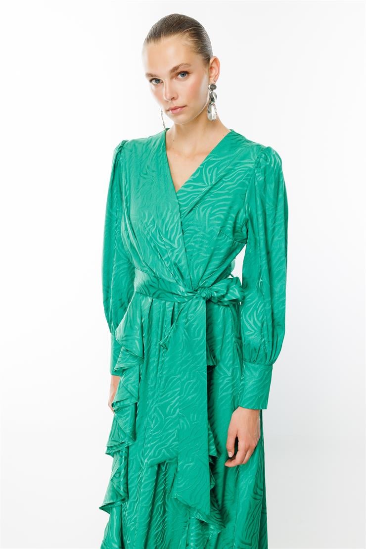 Modailgi  Volanlı Kruvaze Jakar Elbise Yeşil