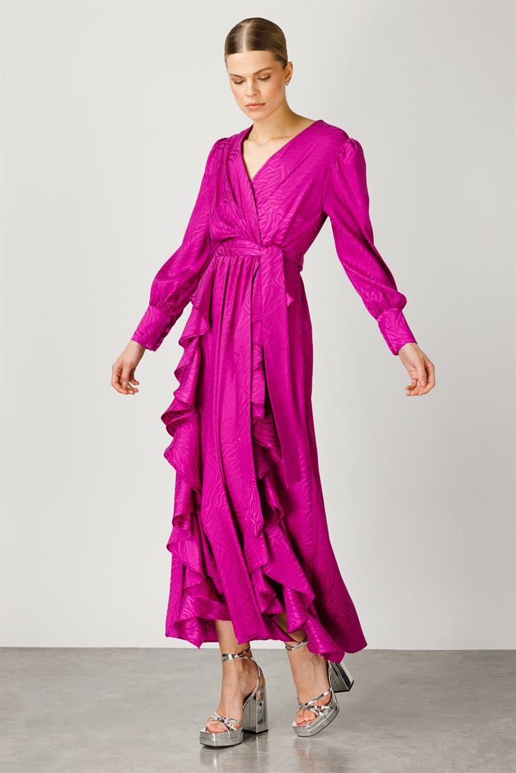 Modailgi  Volanlı Kruvaze Jakar Elbise Fuşya