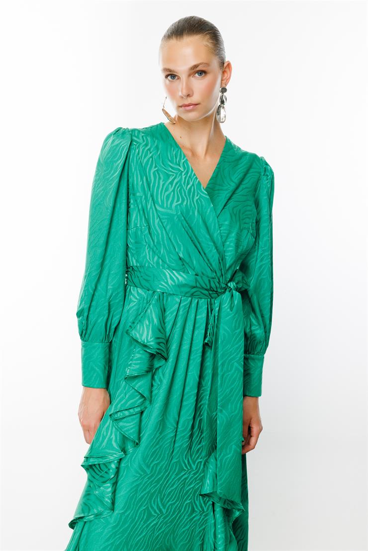 Modailgi  Volanlı Kruvaze Jakar Elbise Yeşil