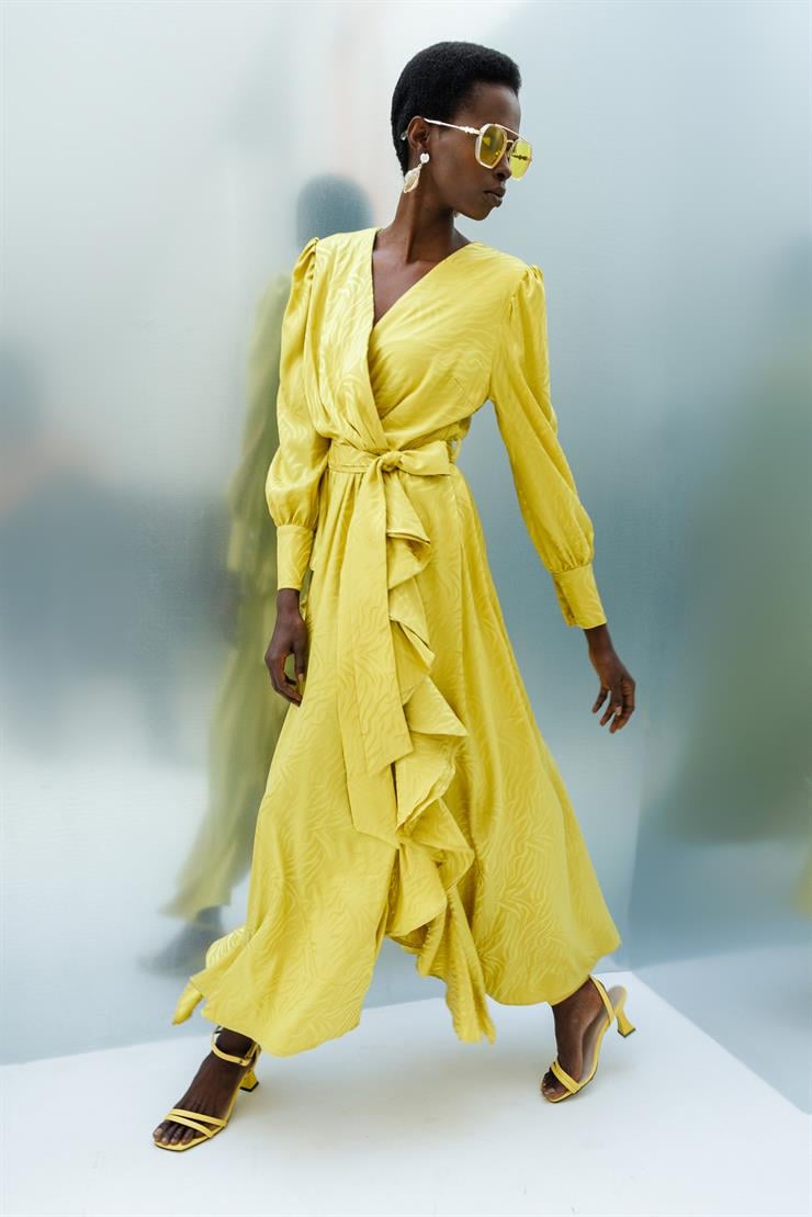 Modailgi  Volanlı Kruvaze Jakar Elbise Asit