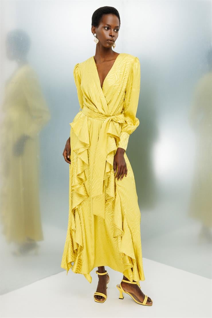 Modailgi  Volanlı Kruvaze Jakar Elbise Asit