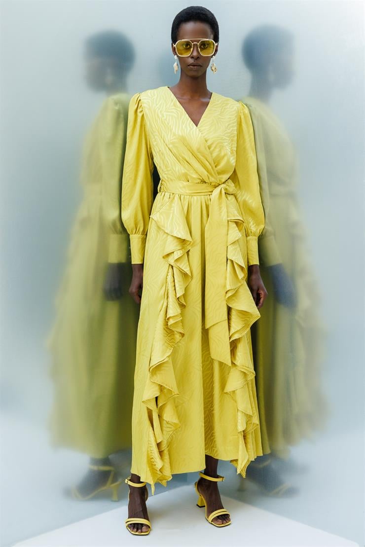 Modailgi  Volanlı Kruvaze Jakar Elbise Asit