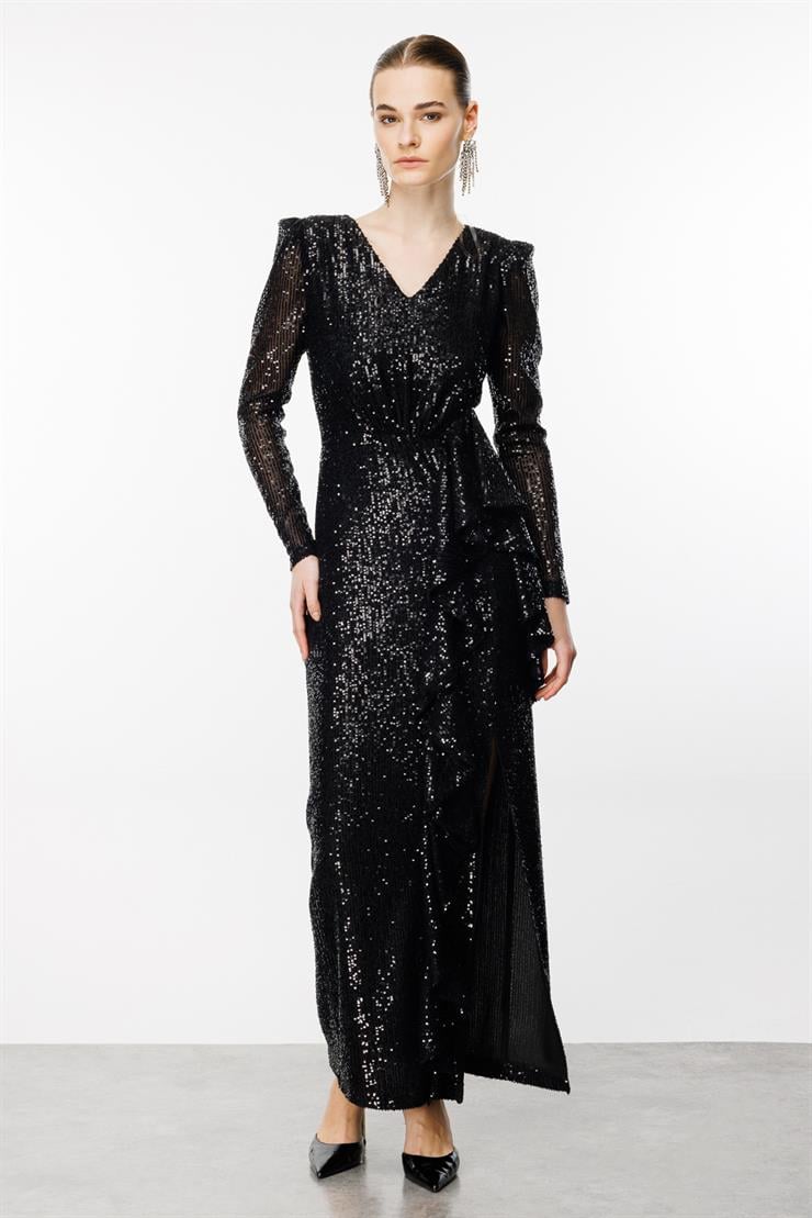 Modailgi  Volanlı Payet Elbise Siyah