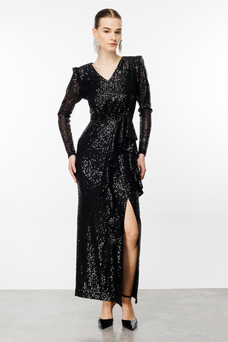 Modailgi  Volanlı Payet Elbise Siyah