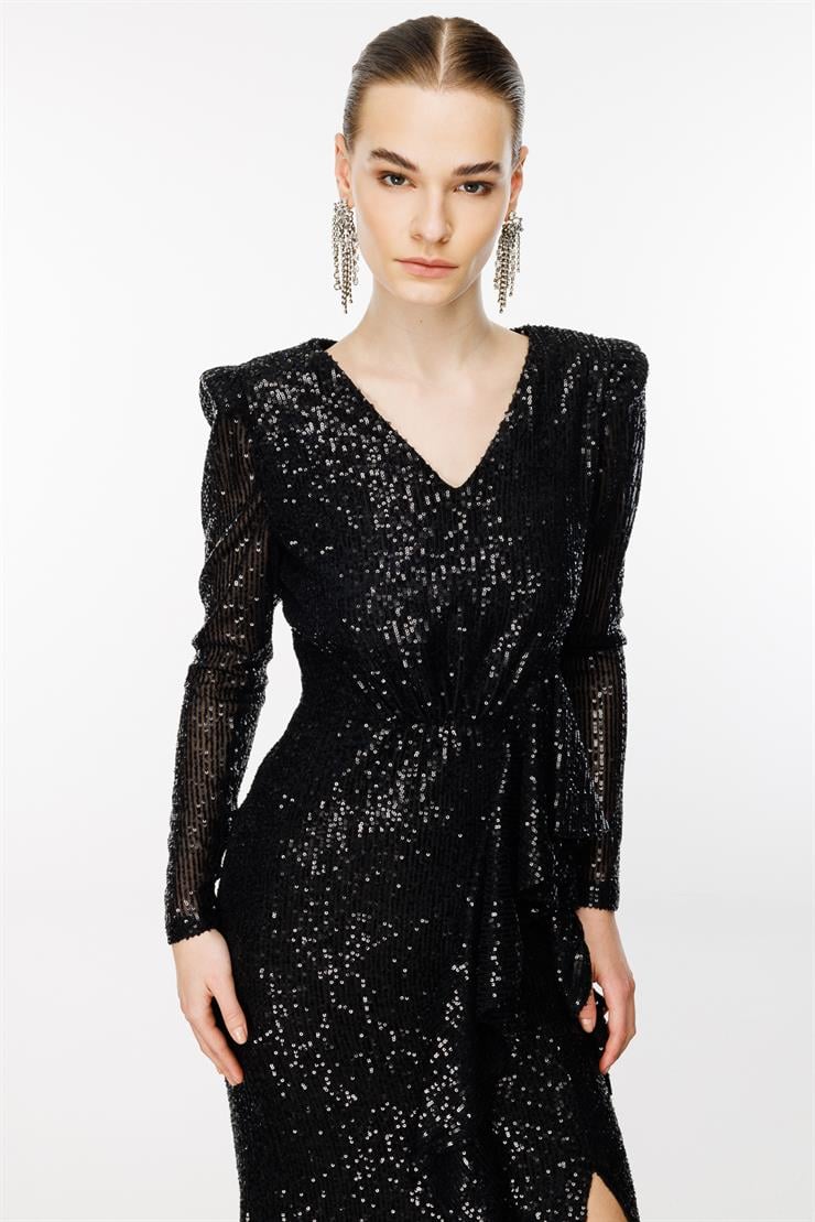 Modailgi  Volanlı Payet Elbise Siyah