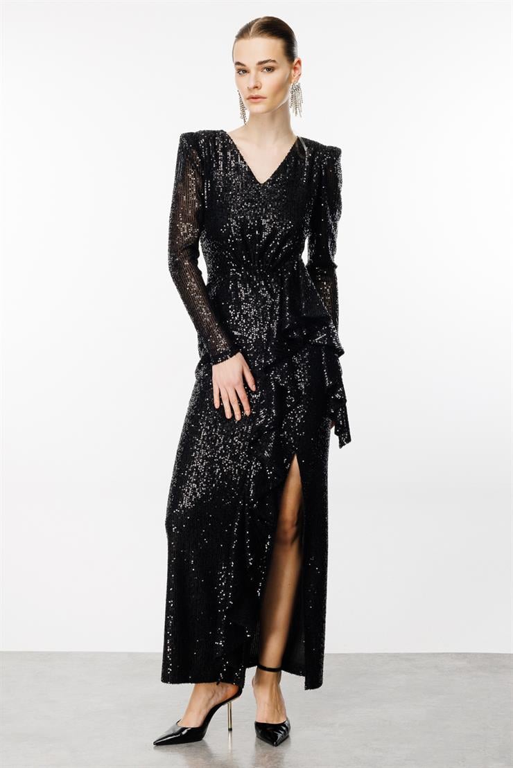 Modailgi  Volanlı Payet Elbise Siyah