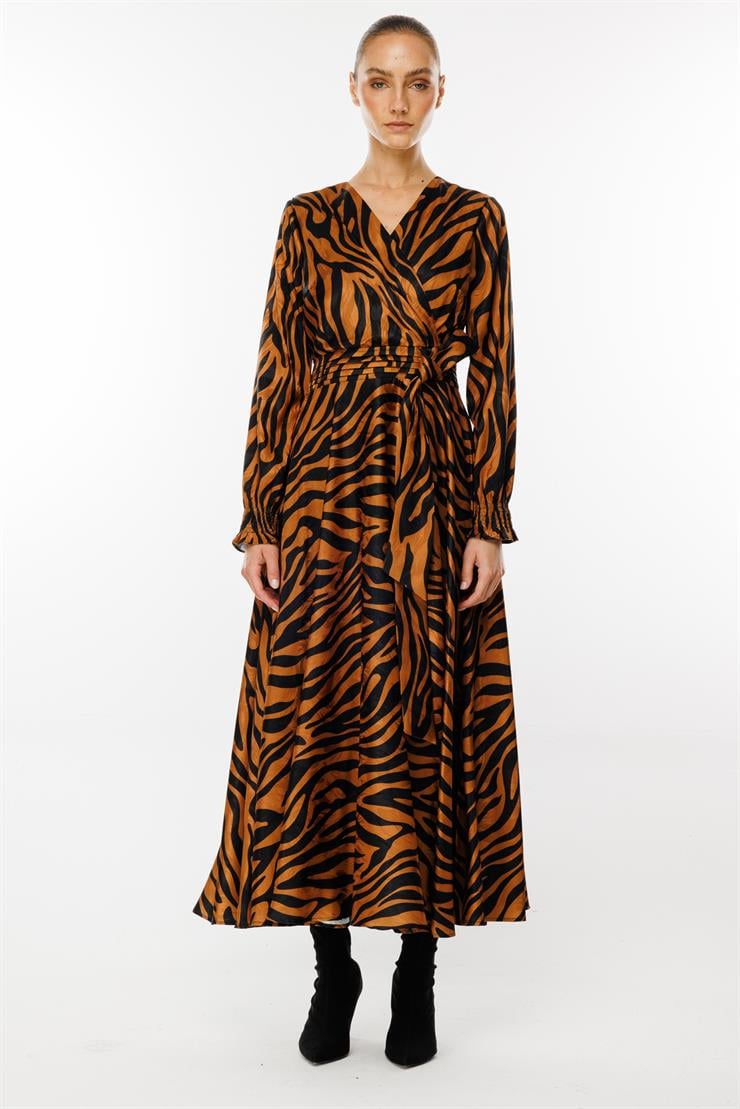 Modailgi  Volanlı Uzun Zebra Desen Elbise Tarçın