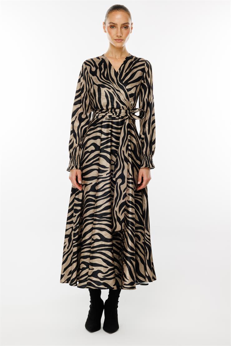 Modailgi  Volanlı Uzun Zebra Desen Elbise Vizon