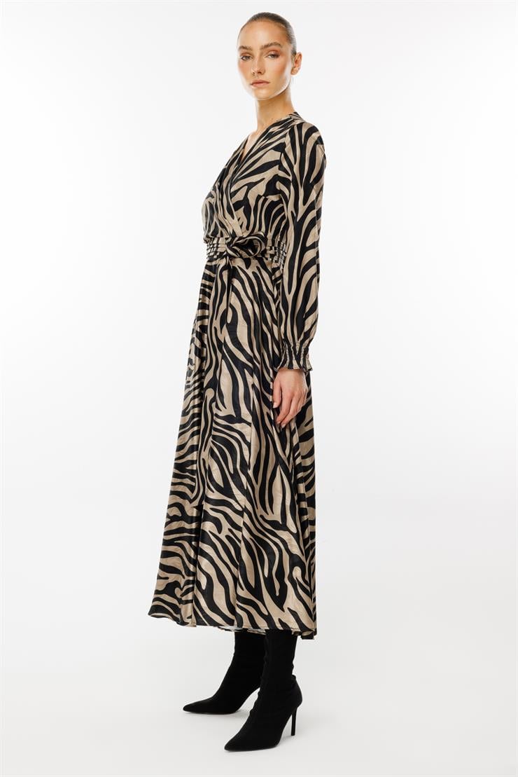 Modailgi  Volanlı Uzun Zebra Desen Elbise Vizon
