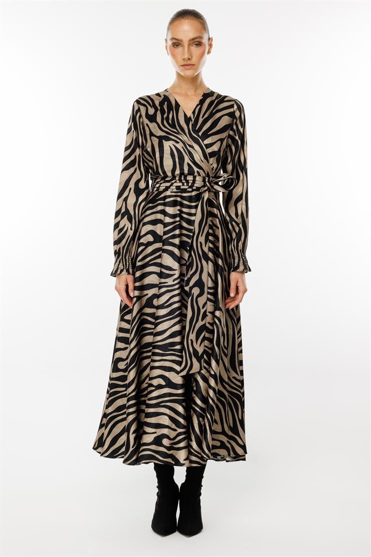 Modailgi  Volanlı Uzun Zebra Desen Elbise Vizon