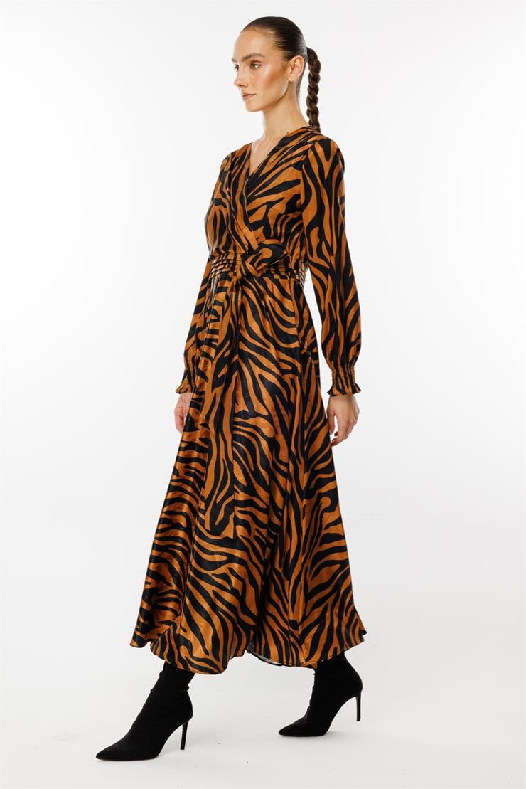 Modailgi  Volanlı Uzun Zebra Desen Elbise Tarçın