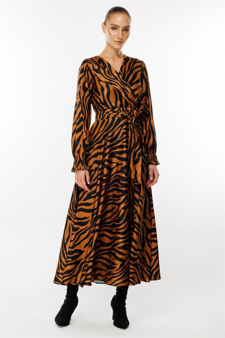 Modailgi  Volanlı Uzun Zebra Desen Elbise Tarçın