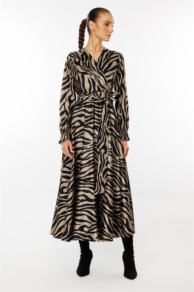 Modailgi  Volanlı Uzun Zebra Desen Elbise Vizon