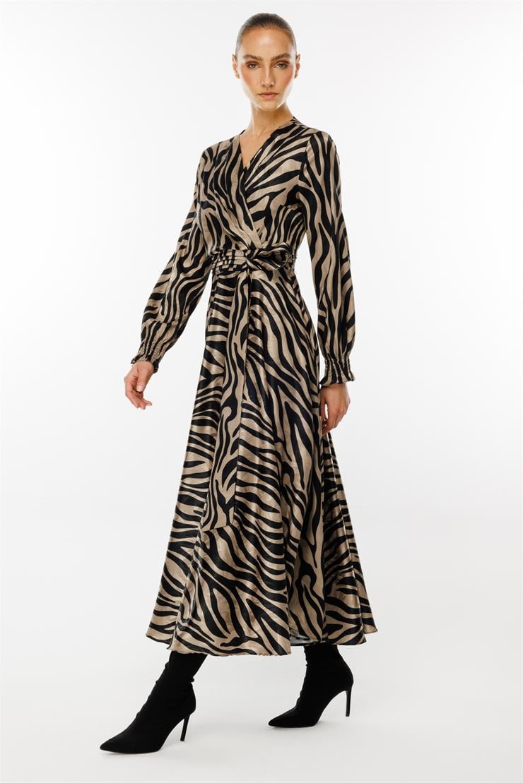 Modailgi  Volanlı Uzun Zebra Desen Elbise Vizon
