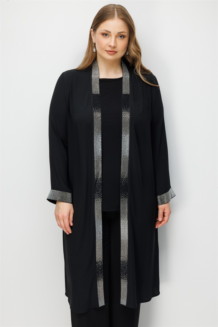 Modailgi  Yaka Bantı ve Manşeti Taş Detaylı Uzun İkili Takım Siyah