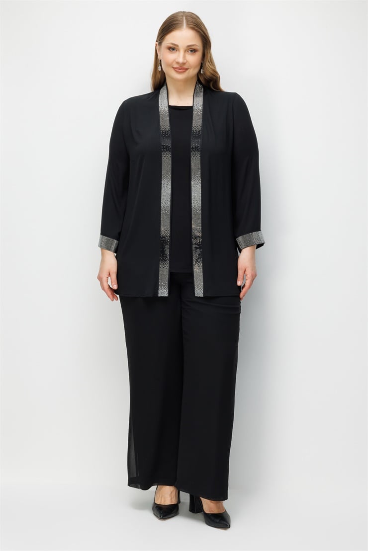 Modailgi  Yaka Bantı ve Manşeti Taş Detaylı Kısa İkili Takım Siyah