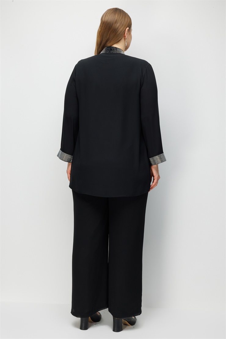 Modailgi  Yaka Bantı ve Manşeti Taş Detaylı Kısa İkili Takım Siyah