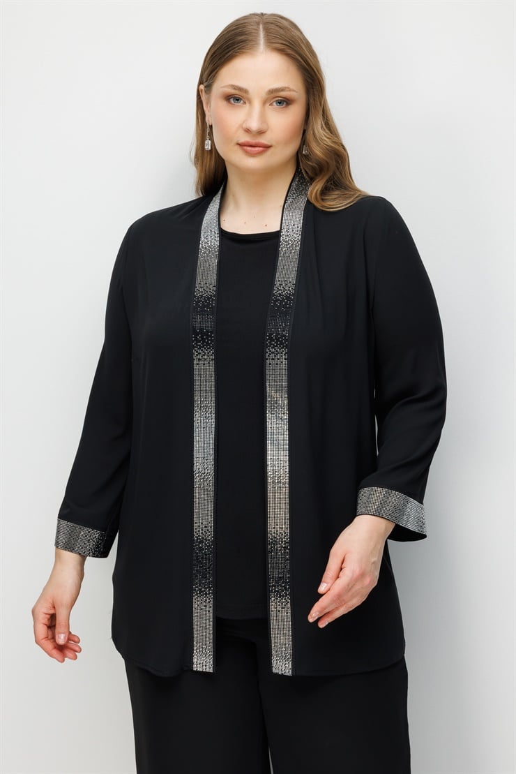 Modailgi  Yaka Bantı ve Manşeti Taş Detaylı Kısa İkili Takım Siyah