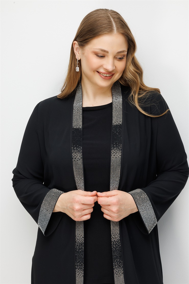 Modailgi  Yaka Bantı ve Manşeti Taş Detaylı Uzun İkili Takım Siyah