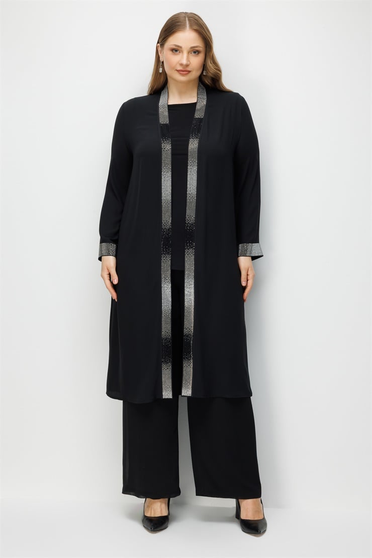 Modailgi  Yaka Bantı ve Manşeti Taş Detaylı Uzun İkili Takım Siyah