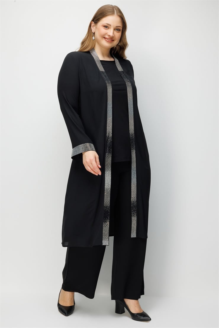 Modailgi  Yaka Bantı ve Manşeti Taş Detaylı Uzun İkili Takım Siyah