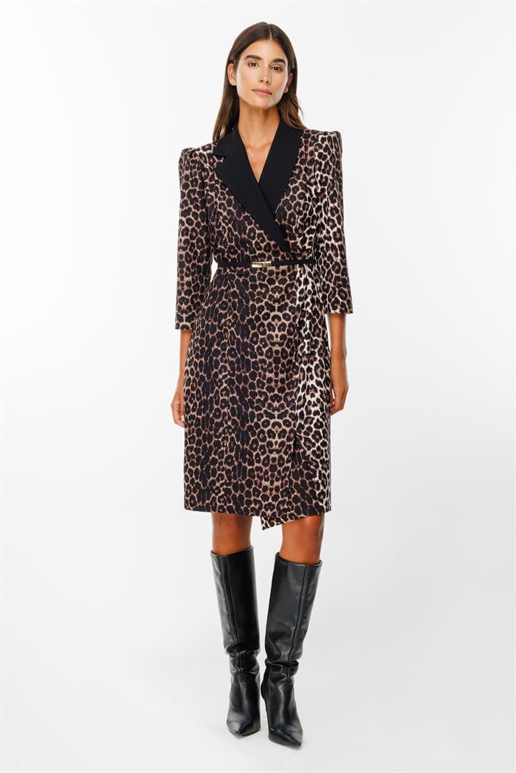 Modailgi  Yaka Detaylı Beli Kemerli Leopar Desen Elbise Siyah