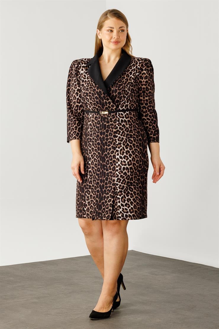 Modailgi  Yaka Detaylı Beli Kemerli Leopar Desen Elbise Siyah