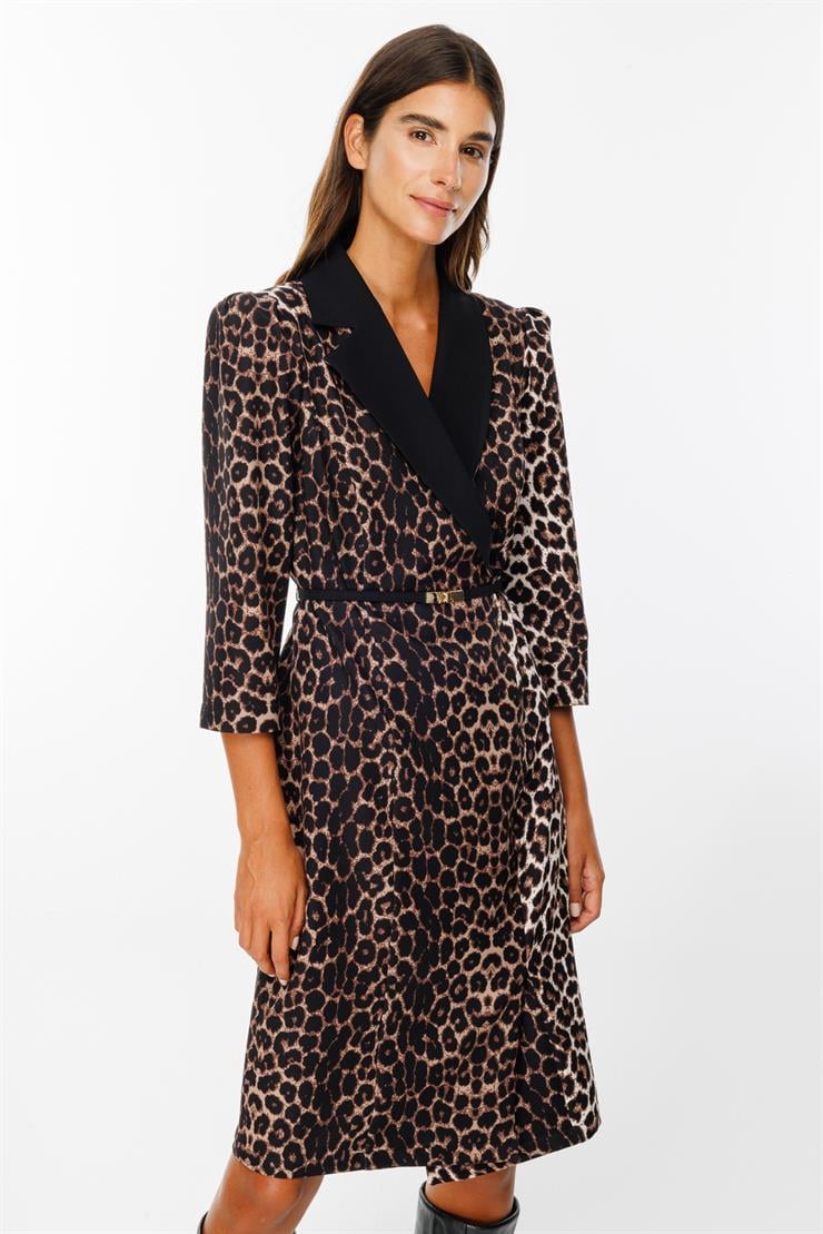 Modailgi  Yaka Detaylı Beli Kemerli Leopar Desen Elbise Siyah