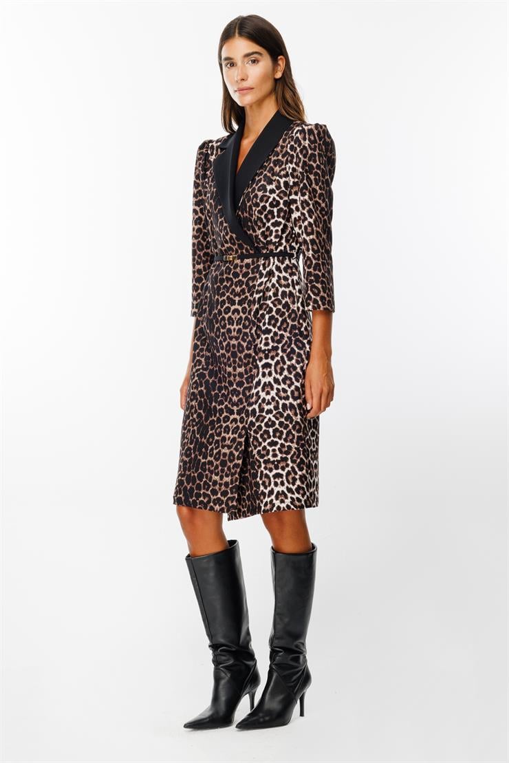 Modailgi  Yaka Detaylı Beli Kemerli Leopar Desen Elbise Siyah