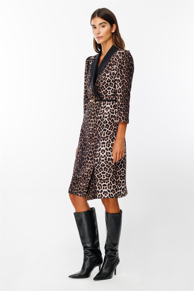 Modailgi  Yaka Detaylı Beli Kemerli Leopar Desen Elbise Siyah