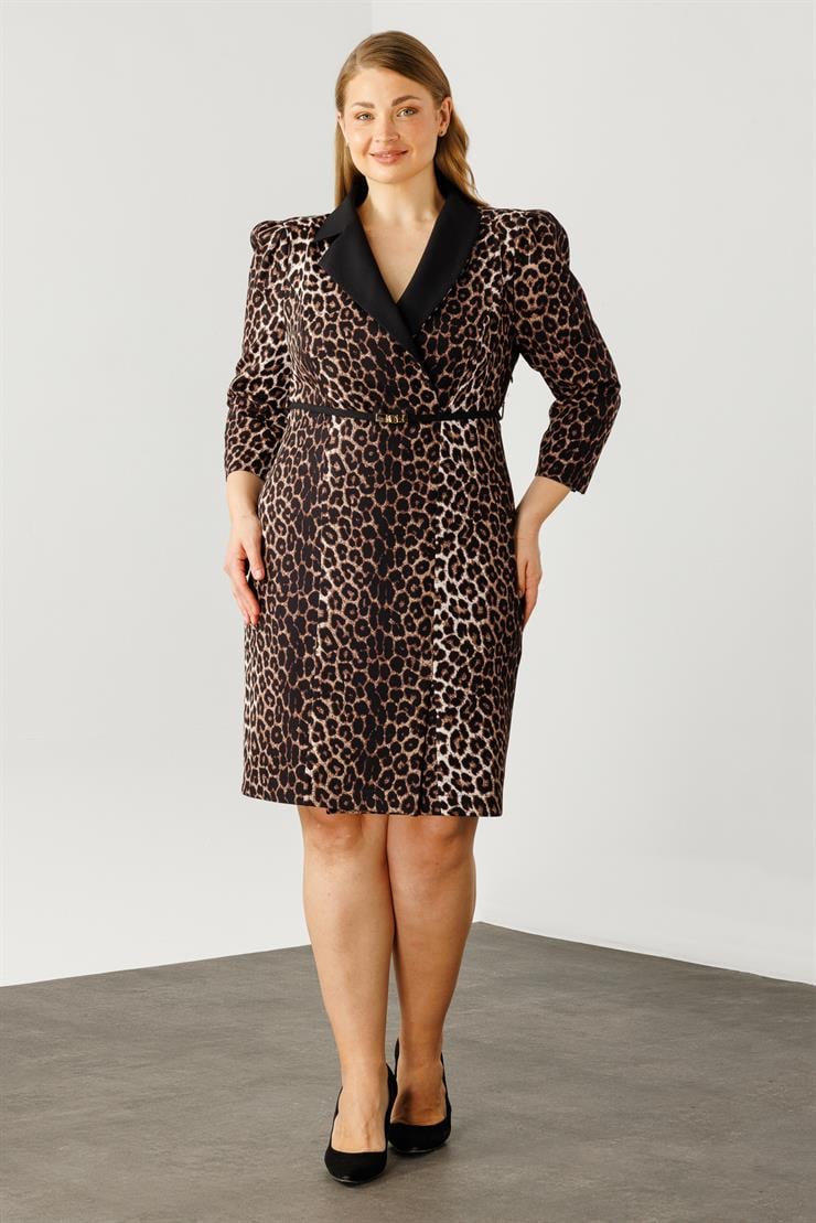 Modailgi  Yaka Detaylı Beli Kemerli Leopar Desen Elbise Siyah